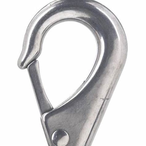 Close-up of a stainless steel snap hook clasp, durable metal medical supply accessory