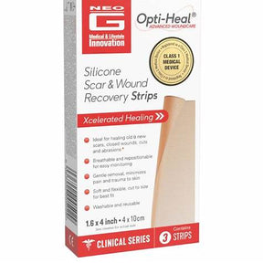 Silicone scar and wound recovery strips packaging for healing cuts and scars, 3 strips included.