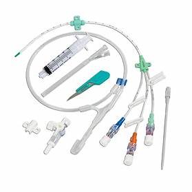 Central line catheter kit with syringe, scalpel, tube, and connectors for medical use