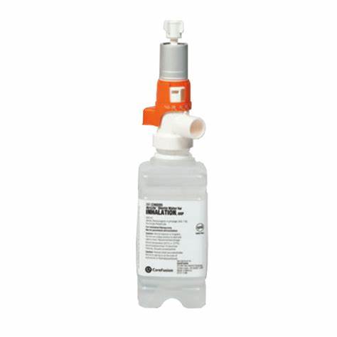 Sterile saline inhalation solution bottle with attached nebulizer for respiratory care