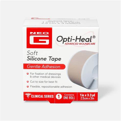 Neo G Opti-Heal soft silicone medical tape box for dressings, gentle adhesion.