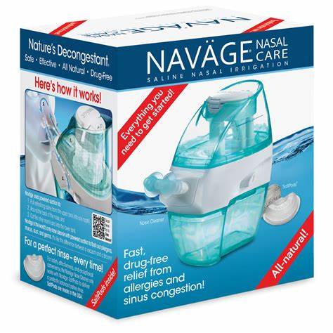 Navage nasal irrigation kit box for allergy and sinus congestion relief, saline system shown.