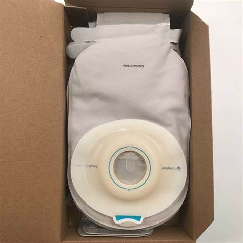 Ostomy bag with adhesive barrier in a shipping box for home medical supply delivery