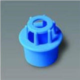 Blue plastic medical device part on a plain gray background