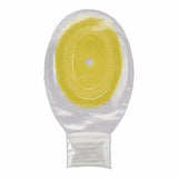 Transparent ostomy pouch with yellow adhesive barrier for medical supply home delivery