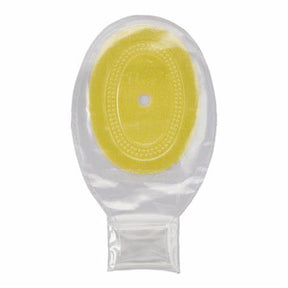 Transparent ostomy pouch with yellow adhesive barrier for medical supply home delivery
