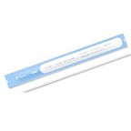 Sterile medical catheter in sealed blue and white packaging on white background