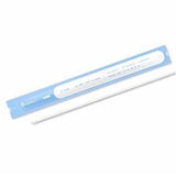 Sterile medical catheter in sealed blue and white packaging on white background