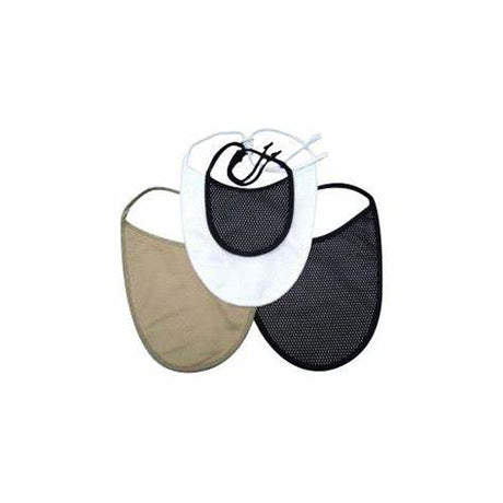 Three adult bibs in beige, white, and black, reusable medical meal protectors.