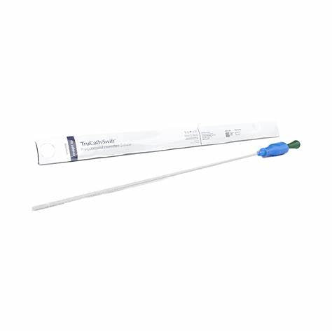 Sterile intermittent urinary catheter with blue and green connector beside packaging
