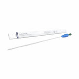 Sterile intermittent urinary catheter with blue and green connector beside packaging