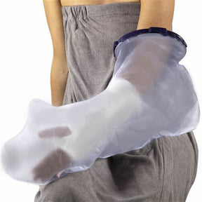 Arm cast waterproof cover for shower, medical supply protection, person wearing towel