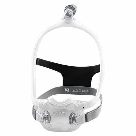 Full face CPAP mask with clear silicone frame and adjustable headgear for sleep apnea therapy