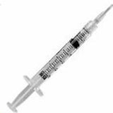 Disposable medical syringe with clear barrel and measurement markings on white background
