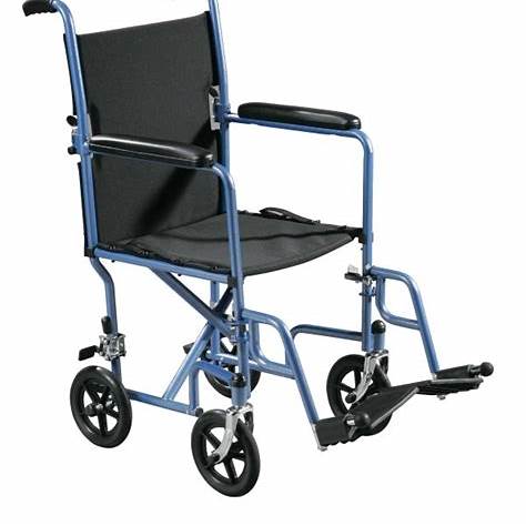 Lightweight folding transport wheelchair with footrests and black seat for mobility assistance