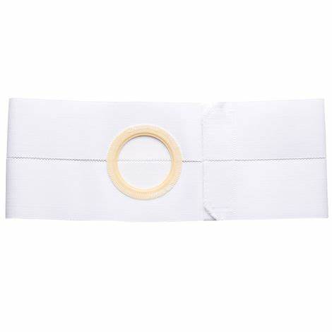 White ostomy belt with round opening for medical stoma support and secure fit