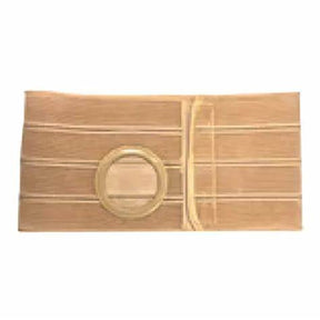 Beige abdominal ostomy support belt with adjustable strap and circular opening.