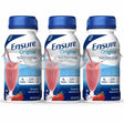 Three bottles of Ensure Original strawberry nutrition shake, 8 fl oz, with blue caps.