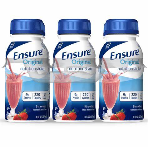 Three bottles of Ensure Original strawberry nutrition shake, 8 fl oz, with blue caps.