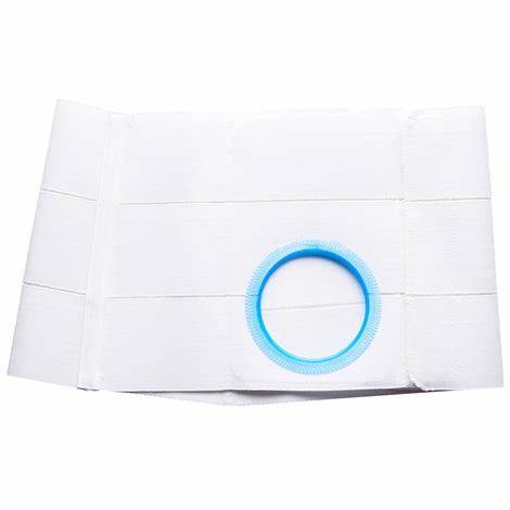 White ostomy belt with blue circular opening for medical stoma care support