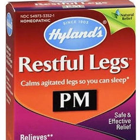 Hyland's Restful Legs PM homeopathic supplement box for calming restless legs at night