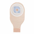 Beige medical ostomy pouch with adhesive barrier for stoma care support.