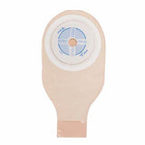 Beige medical ostomy pouch with adhesive barrier for stoma care support.