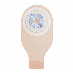 Beige medical ostomy pouch with adhesive barrier for stoma care support.