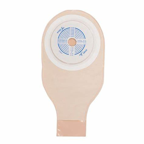 Beige medical ostomy pouch with adhesive barrier for stoma care support.