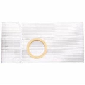 White ostomy belt with elastic material and circular opening for stoma support