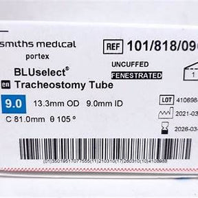 BLUselect tracheostomy tube box label, uncuffed fenestrated, size 9.0, for airway care