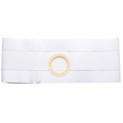 White abdominal belt with round stoma opening, medical ostomy support accessory