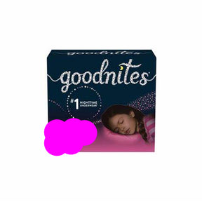 Goodnites nighttime underwear package with sleeping child illustration on box front