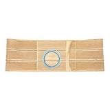 Beige ostomy belt with blue circular opening for medical support and stoma care