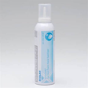 Ecolab aerosol foam hand sanitizer spray bottle on white background, medical hygiene supply