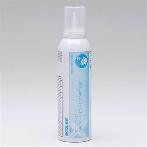 Ecolab aerosol foam hand sanitizer spray bottle on white background, medical hygiene supply