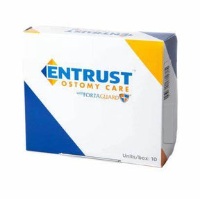 Entrust Ostomy Care box for medical supplies with blue, yellow, and white packaging