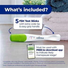FSH test stick with green cap, app instructions, for menopause and hormone monitoring at home