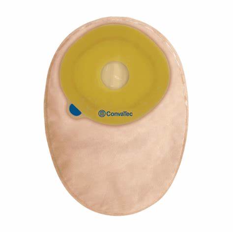 ConvaTec beige one-piece ostomy pouch with adhesive barrier, medical supply product