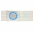 White medical ostomy belt with blue ring for stoma support on white background