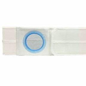 White medical ostomy belt with blue ring for stoma support on white background