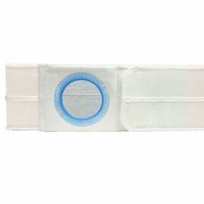 White medical ostomy belt with blue ring for stoma support on white background