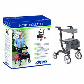 Drive Nitro rollator walker with large wheels and storage pouch, next to product box