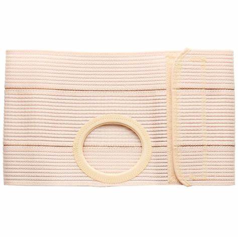 Beige elastic ostomy support belt with circular opening and adjustable Velcro closure