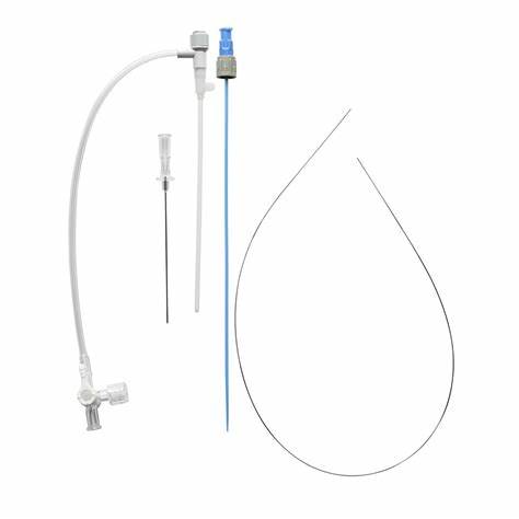 Medical catheter kit with guidewire, tubing, and needle for home healthcare use