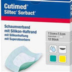Cutimed Siltec Sorbact foam dressing with silicone edge, box and product close-up, medical supply