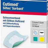 Cutimed Siltec Sorbact foam dressing with silicone edge, box and product close-up, medical supply