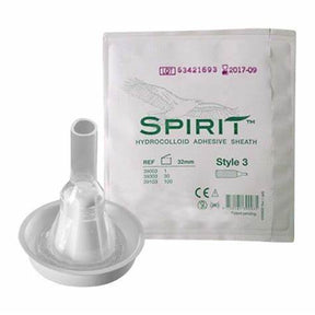 Hydrocolloid adhesive sheath catheter with product packaging for medical supply needs.