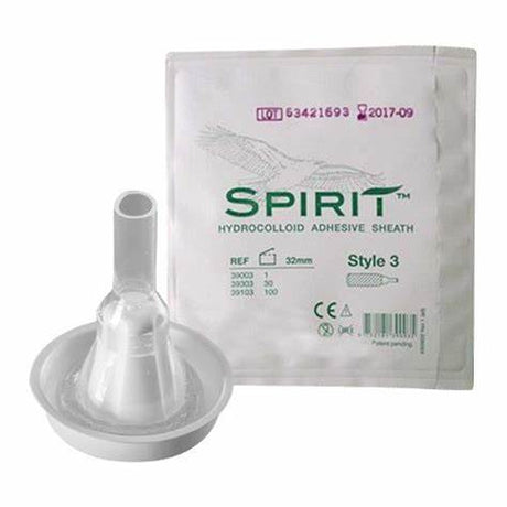 Hydrocolloid adhesive sheath catheter with product packaging for medical supply needs.