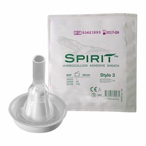 Hydrocolloid adhesive sheath catheter with product packaging for medical supply needs.